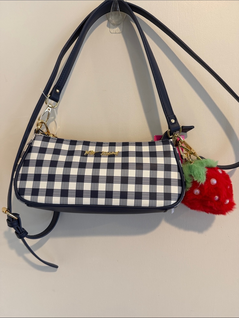 Betsey Johnson Navy/White Gingham 
Shoulder/Crossbody with Red Strawberry Charm